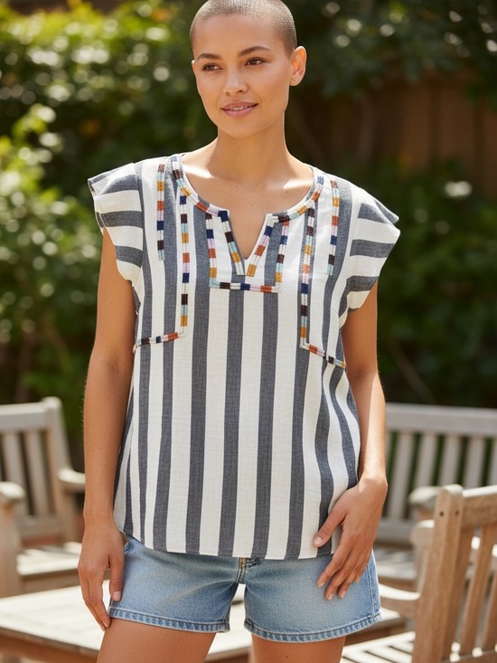 THML Tops - THML Vertical Stripe Embroidered Flutter Sleeve Tunic - Gray & White